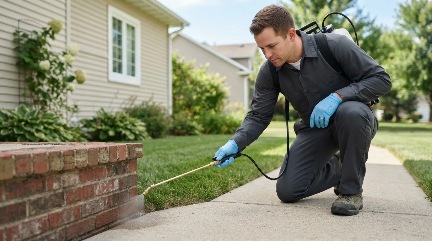 Pest control technician treating a home near Decatur, AR